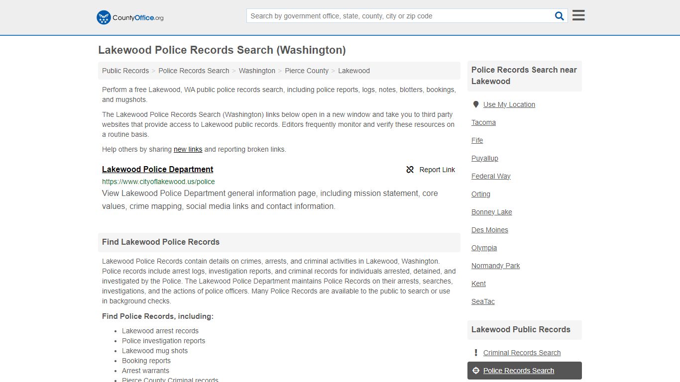 Lakewood Police Records Search (Washington) - County Office